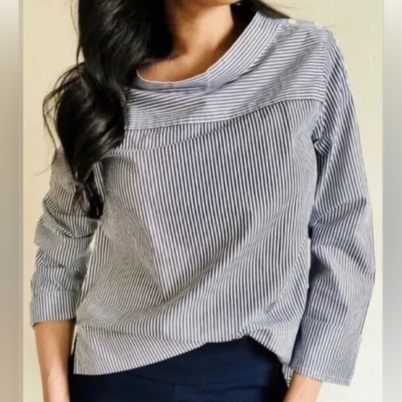 J. Crew Womens Funnelneck Striped Shirt Sz 12 Black & White Long Sleeve High Low - Picture 13 of 14